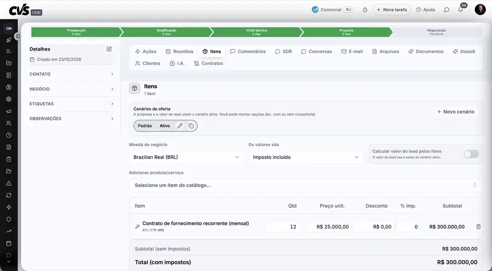 CVS ONE: Itens da proposta com contrato recorrente de 12 x R$ 25 mil. Usamos dados ilustrativos para preservar a confidencialidade dos nossos clientes.