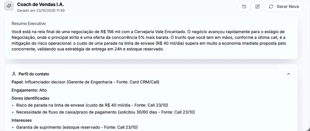 CVS ONE: Coach de Vendas I.A. analisando objeção de preço. Usamos dados ilustrativos para preservar a confidencialidade dos nossos clientes.