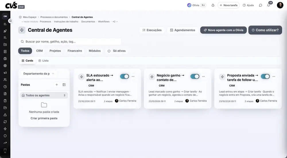 CVS ONE: Central de Agentes com três automações comerciais ativas. Usamos dados ilustrativos para preservar a confidencialidade dos nossos clientes.